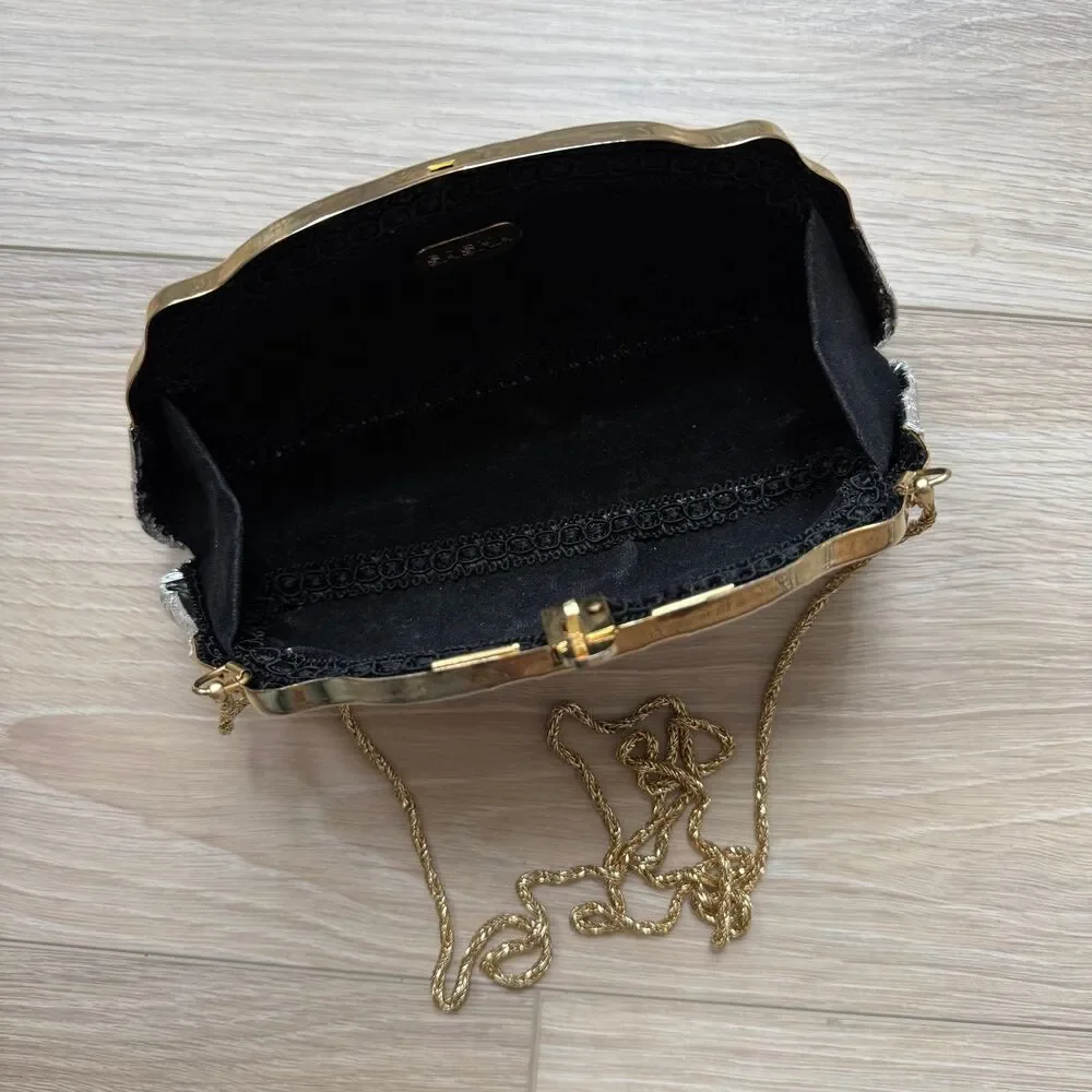 Vintage Sasha Clutch Purse Metallic Silver Gold Rhinestone Shoulder Chain Bag